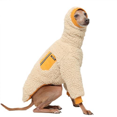 D Doggy Star Winter-T-Shirt mit Ohrenschutz für italienische Windhunde, Sherpa-Fleece, warmes Outfit für Hunde, Größe L, Senffarbene Tasche T von D DOGGY STAR