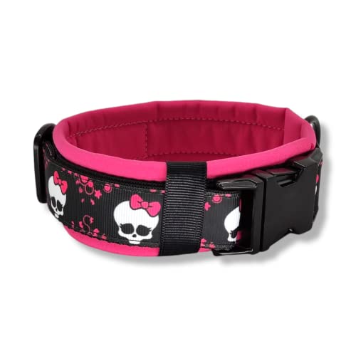 D by E Couture Hundehalsband – Pink Bow Skull III - gepolstert, verstellbar, 30mm Breite, Verschiedene Größen, Handmade (M (ca. 36-42cm)) von D by E Couture
