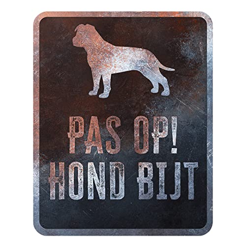 D&D Home, Warnschild Achtung am Hund, 25 x 20 x 0,3 cm, niederländische Version, schwarzer Hintergrund, Warnschild aus Metall, rostbeständig, mit lustigem Text von D&D Home