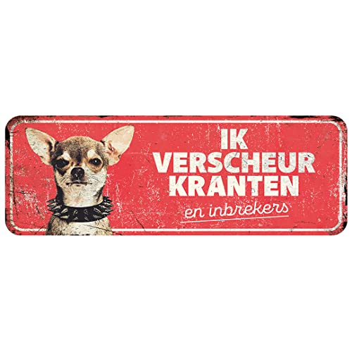 D&D Home, Warnschild Achtung am Hund, 40 x 13 x 0,3 cm, niederländische Version, roter Hintergrund, Warnschild aus Metall, rostbeständig, mit lustigem Text von D&D Home