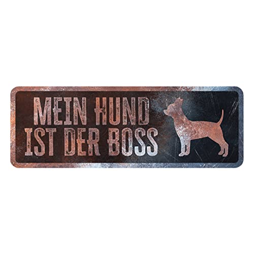 D&D Home, Warnschild Achtung an den Hund, 40 x 13 x 0,3 cm, deutsche Version, schwarzer Hintergrund, Warnschild aus Metall, rostbeständig, mit lustigem Text von D&D Home