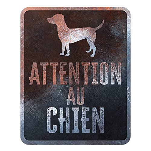 D&D Home, Warnschild Attention au Hund, 25 x 20 x 0,3 cm, französische Version, schwarzer Hintergrund, Warnschild aus Metall, rostbeständig, mit lustigem Text von D&D Home