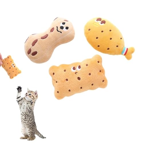 DAFORERAL 3er-Pack Katzenminze-Plüsch-Katzenspielzeug, Leckerli-inspiriertes Set mit Kekstrommelstab, Erdnussformen, weiches PP-Baumwoll-gefülltes interaktives Spielzeug für Indoor-Katzen von DAFORERAL