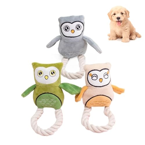 DAFORERAL Hundespielzeug Eule aus Plüsch, mit Quietscher und Baumwollseil, kauresistentes interaktives Spielzeug für Zahnreinigung und Langeweile, 3 Stück von DAFORERAL