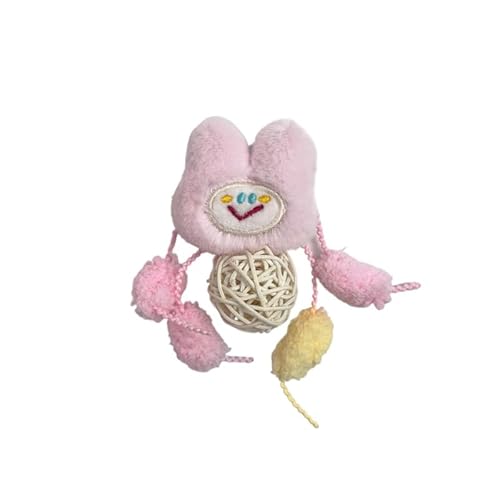 DAFORERAL Plüsch-Katzenspielzeug mit Rattan-Glockenball und Knisterpapier, interaktives Kick- und Beißspielzeug für Selbstspiel und geistige Stimulation, entzückendes Tierkopf-Design (Rosa Kaninchen) von DAFORERAL