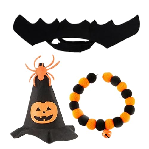 Halloween-Kostüme für Katzen, 3-teilig/Set, süße Haustierkostüme aus Filz, inklusive Hexenhut, Kragen und Fledermausflügel für Kätzchen, kleine und mittelgroße Hunde, Halloween-Kostüme für Katzen, K von DAGLLGEW