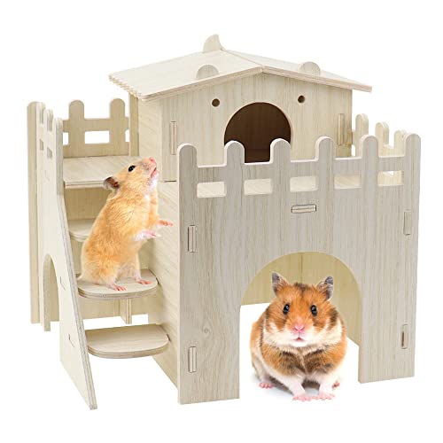 Hamsterhaus aus Holz Mehrkammern Meerschweinchen Spielzeug Zwerghamster Zubehör Nagerhaus Holz Hamster Holzhaus für Hamster Meerschweinchen Versteckmöglichkeiten von DAGORD