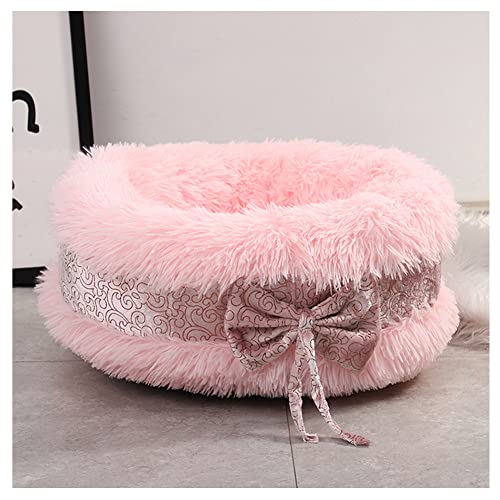 DAIHAN Donut-Haustierbett Plüsch Fleece Kunstpelz Hundekörbchen Runde Bowknot Hunde Höhlenbett Weich Bequem Haustier Hundekissen Schlafplatz Hundebett Katzenbett für Katzen und Welpen Pink 60cm von DAIHAN