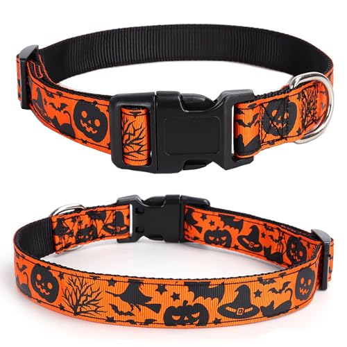 DAIHAQIKO Halloween Hundehalsband – Kürbis Fledermaus Geist Muster – verstellbar für kleine, mittelgroße und große Hunde von DAIHAQIKO