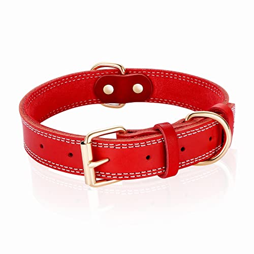 DAIHAQIKO Hundehalsband, Echtleder-Hundehalsband, robustes Hundehalsband, breites Hundehalsband für kleine Hunde, mittelgroße Hunde, Doppelnaht,Rot) von DAIHAQIKO