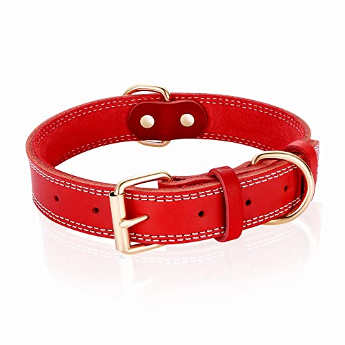 DAIHAQIKO Hundehalsband, echtes Leder, robustes Hundehalsband, breites Hundehalsband für kleine Hunde, mittelgroße Hunde, Doppelnaht, Rot) von DAIHAQIKO