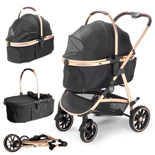 DAISTERN Hundebuggy Hundewagen Klappbar bis 25KG, Hundetrolley Faltbar mit Rahmen aus Aluminiumlegierung, 360° drehbare Gummireifen, Hinterradbremsen, Sicherheitsleine und Bequemes Sitzkissen von DAISTERN