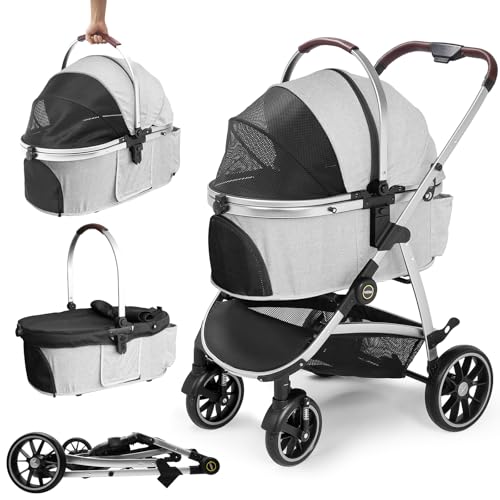 DAISTERN Hundebuggy Hundewagen Klappbar bis 25KG, Hundetrolley Faltbar mit Rahmen aus Aluminiumlegierung, 360° drehbare Gummireifen, Hinterradbremsen, Sicherheitsleine und Bequemes Sitzkissen Grau von DAISTERN