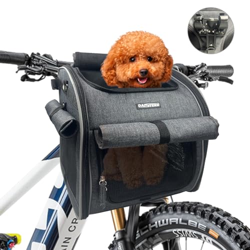 DAISTERN Hundefahrradkorb Vorne, Haustier Rucksack mit Netzfenster, Faltbare Katzentasche Hundetasche bis 6KG mit Weiche wasserdichte Matte und Patentierte Halterung, Multifunktionale Hundebox Grau von DAISTERN