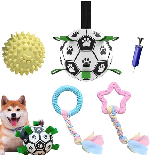 DALAETUS 5 Stück Hundespielzeug Set, Interaktives Hundeball mit Griff, Gummi Welpenspielzeug mit Interaktiven Baumwollseilen, Hundespielzeug Ball für Hunde, Hundefußball für Drinnen und Draußen von DALAETUS