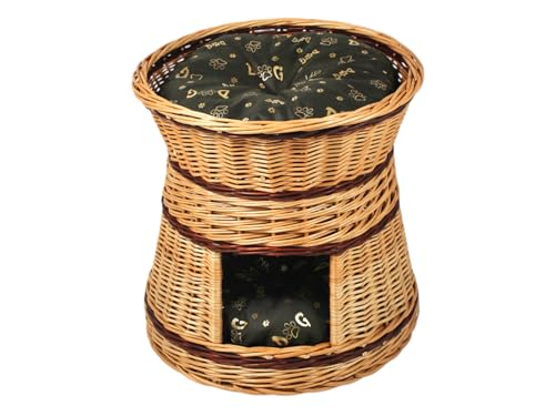 Katzenkorb zum Schlafen – Durchmesser: 47 cm rund – Katzenhöhle aus Weide – Zweistöckiger Hunde – oder Katzenbett – Entrindete Weide – Mit Kissen Dunkelbraun von Damian-Wiklina