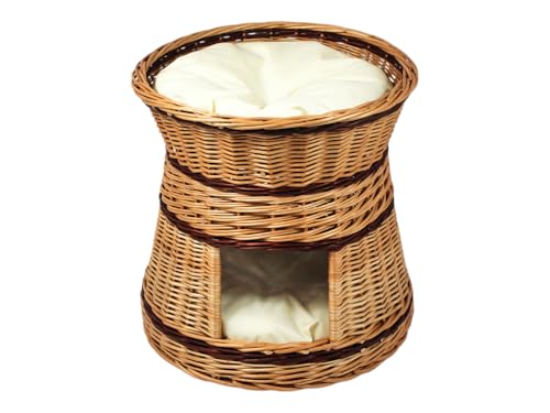 Katzenkorb zum Schlafen – Durchmesser: 47 cm rund – Katzenhöhle aus Weide – Zweistöckiger Hunde – oder Katzenbett – Entrindete Weide – Weidenhaus mit Kissen Ecru Katzenkorb zum Schlafen – Durchmesser: 47 cm rund – Katzenhöhle aus Weide – Zweistöckiger Hunde – oder Katzenbett – Entrindete Weide – Weidenhaus mit Kissen Ecru von Damian-Wiklina