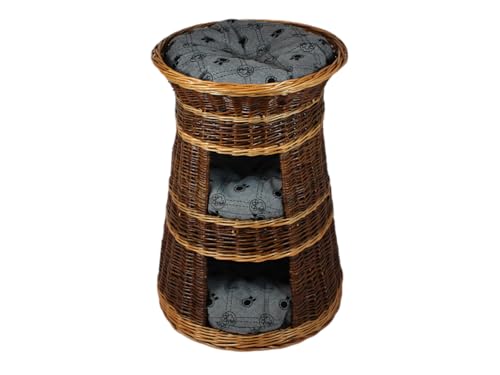 Katzenkorb zum Schlafen – Katzenhütte Indoor – Größe: 43 x 49 x 70 cm rund – Katzenhöhle aus Weide – Dreistufiges Bett für Hunde oder Katzen mit waschbaren Kissen in Hellgrau – Lackierter Korb von DAMIAN WIKLINA NATURALNE PRODUKTY Z DREWNA I WIKLINY