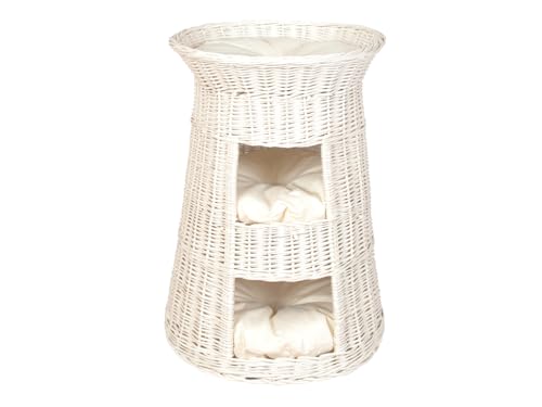 Katzenkorb zum Schlafen – Rund Katzenhütte Indoor – Katzenhöhle aus Weide – Dreistöckiges Hunde – oder Katzenbett – Wicker Farbe weiß – Beige Kissen von Damian-Wiklina