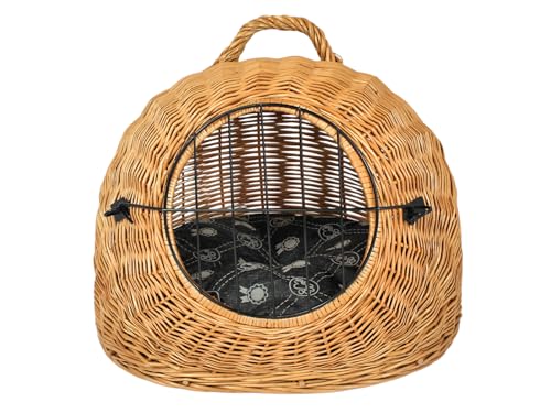 Weidenkorb Korbhöhle mit Gitter und Tragegriff – Abmessungen 50x40x45 cm – Transporthöhle – Natürliche Farbe – Hersteller – Transporter mit Kissen dunkelgrau von DAMIAN WIKLINA NATURALNE PRODUKTY Z DREWNA I WIKLINY