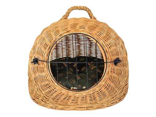 Weidenkorb Korbhöhle mit Gitter und Tragegriff – Abmessungen 50x40x45 cm – Transporthöhle – Natürliche Farbe – Hersteller – Transporter mit braunem und goldenem Kissen von Damian-Wiklina