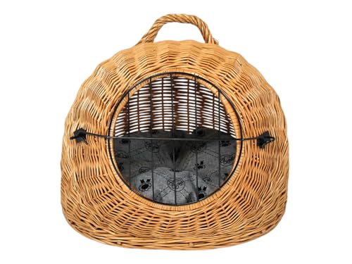 Weidenkorb Korbhöhle mit Gitter und Tragegriff – Abmessungen 50x40x45 cm – Transporthöhle – Natürliche Farbe – Hersteller – Transporter mit hellgrauen Kissen von Damian-Wiklina