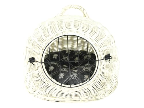 Weidenkorb Korbhöhle mit Gitter und Tragegriff – Abmessungen 50x40x45 cm – Transporthöhle – Weiße Farbe – Hersteller – Transporter mit Kissen dunkelgrau von DAMIAN WIKLINA NATURALNE PRODUKTY Z DREWNA I WIKLINY