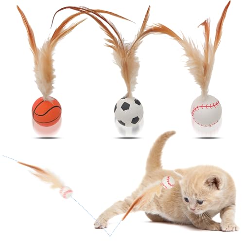 DAMIGHT 3 Stück Katzenspielzeug Bälle, Interaktives Katzenball Spielzeug mit Feder, Katze Feder Spielball, Hohe Elastizität Federspielzeug für Katzen, Cat Toy Ball Training Spielzeug Ball (A) von DAMIGHT