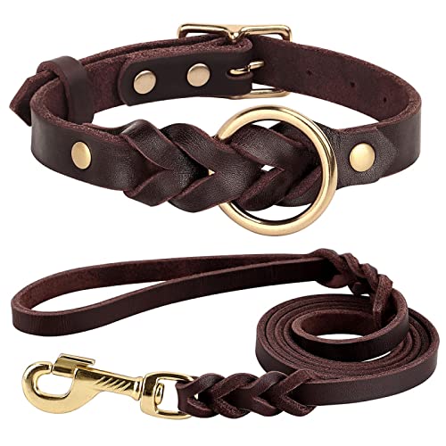 Echtes Leder Hundehalsband Leine Set Geflochten Langlebig Leder Hundehalsband Für Mittlere Große Hunde Haustier Zubehör L BrownSet von DANETI