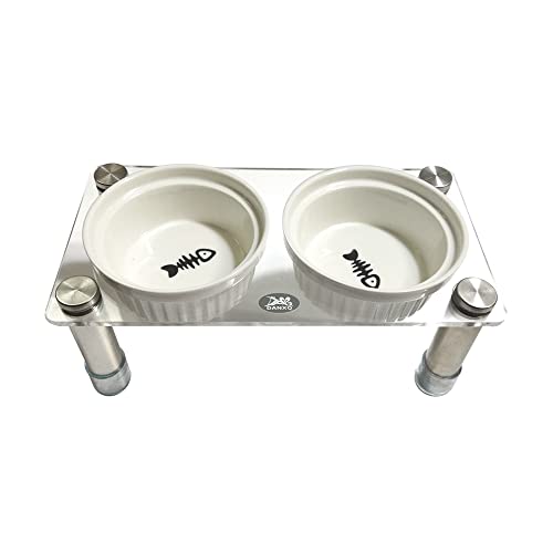 Acryl Erhöhte Hundekatzenschale Tierfütterung Doppelte Schüssel Erhöhter Stand 2 Keramikschalen, Katzen Kleine Hunde, Edelstahl Vier Füße Anti Rutsch, Höhe 7,8 cm（SHORT-2BOWL-H78MM） von DANXQ