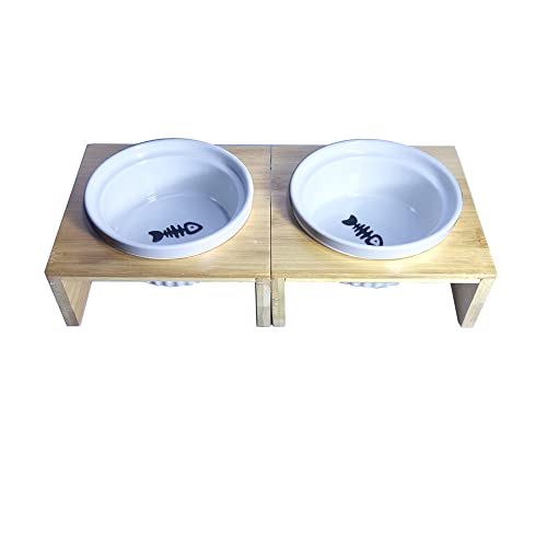Futternapf für Haustiere, rechteckig, Bambushalterung, Keramik, Futternapf für Katzen, kleine Hunde, Kaninchen, kombinierbar, Futternapf 12 x 5,1 cm, Gesamtgröße 31 x 14,5 x 7,1 cm (2 Stück) von DANXQ