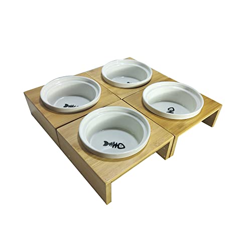 Futternapf für Haustiere, rechteckig, Bambushalterung, Keramik, Futternapf für Katzen, kleine Hunde, Kaninchen, kombinierbar, Futternapf 12 x 5,1 cm, Gesamtgröße 31 x 29 x 7,1 cm (4 Stück) von DANXQ