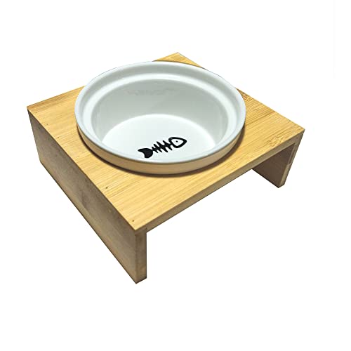 Pet Supplies Bodenstehende rechteckige Bambushalterung aus Keramik, Futternapf für Katzen, kleine Hunde, Kaninchen, kombinierbar, Halterung 14,5 x 14,5 x 6 cm, Napf 12 x 5,1 cm von DANXQ