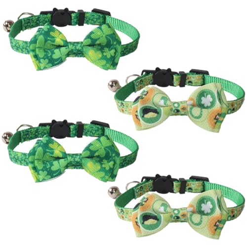 DAOFEUK St. Patrick's Katzenhalsband, verstellbar, St. Patrick's Pet Fliege Hundehalsband mit Glöckchen, irisches Glücksklee Haustier-Krawatte, vierblättriges Kleeblatt-Katzenhalsband, 4 Stück (1) von DAOFEUK