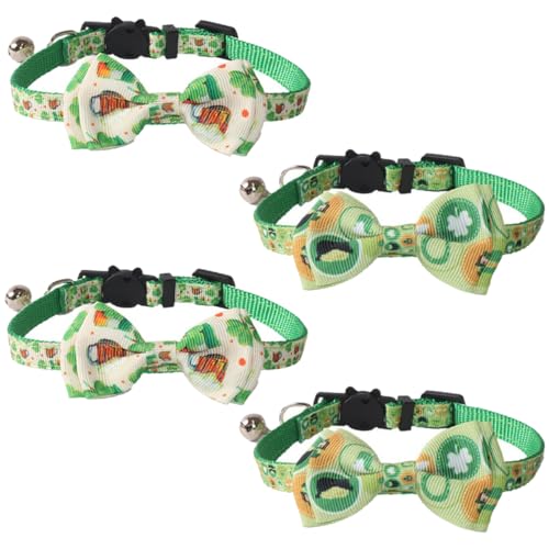 DAOFEUK St. Patrick's Katzenhalsband, verstellbar, St. Patrick's Pet Fliege Hundehalsband mit Glöckchen, irisches Glückskleeblatt, Haustier-Krawatte, vierblättriges Kleeblatt-Katzenhalsband, 4 Stück von DAOFEUK