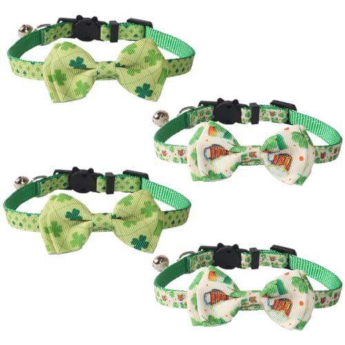 DAOFEUK St. Patrick's Katzenhalsband, verstellbar, St. Patrick's Pet Fliege Hundehalsband mit Glöckchen, irisches Glückskleeblatt, Haustier-Krawatte, vierblättriges Kleeblatt-Katzenhalsband, 4 Stück von DAOFEUK