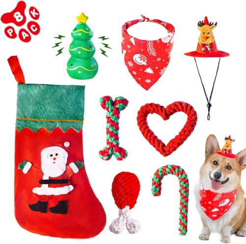 DARDOHIA Weihnachts-Hundespielzeug für kleine und mittelgroße Hunde mit Hut und Bandana, Weihnachtsstrumpf mit Seilspielzeug und Quietschspielzeug, Kauspielzeug zum Zahnen, 8 Stück DARDOHIA Weihnachts-Hundespielzeug für kleine und mittelgroße Hunde mit Hut und Bandana, Weihnachtsstrumpf mit Seilspielzeug und Quietschspielzeug, Kauspielzeug zum Zahnen, 8 Stück von DARDOHIA