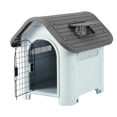 Hundehaus Plastik im Freien mit justierbarem Skylight erhöht Basis Außenabmessungen: 74X57X66cm, Türabmessungen: 26cm breit, 41cm hoch empfohlen für Haustiere, die weniger als 40 Pfund wiegen Grau von DARDVORLAG