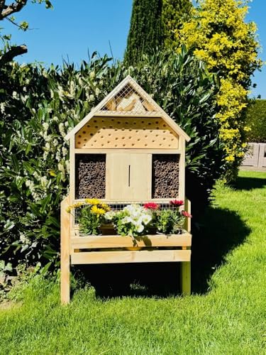 DARLUX handgefertigtes Insektenhotel XL Wildbienen Nisthilfe I Insektenhaus mit Blumenkasten aus Holz und Standfuß 97 x 51 x 18 cm (HxBxT) I Wetterfest I Bienenhaus I Produziert in der EU von DARLUX