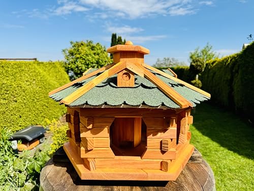 DARLUX handgefertigtes Sechseck Vogelhaus aus Holz wetterfest M - XXL mit und ohne Ständer I Futterhaus I Futterhäuschen I wetterfest I Bitumdach (Größe XL ohne Ständer, Grün - Braun) von DARLUX