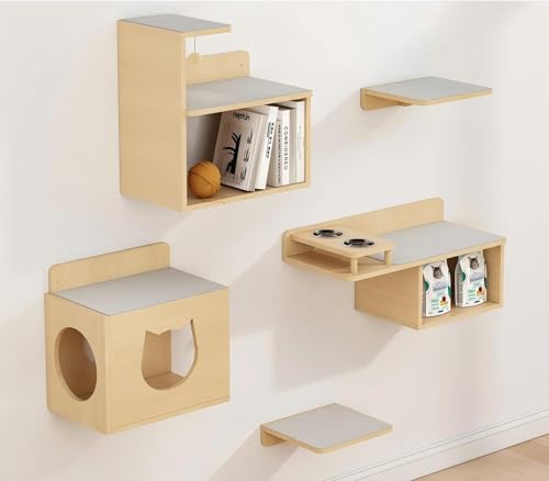 DAWNYIELD Katzen Kletterwand Set, 4 in 1 Katze Wand Möbel mit Katze Haus, Hölzerne Katze Regale Sitzstangen für Wände, Indoor Katzen Wandelemente Plattform mit Katzennapf DAWNYIELD Katzen Kletterwand Set, 4 in 1 Katze Wand Möbel mit Katze Haus, Hölzerne Katze Regale Sitzstangen für Wände, Indoor Katzen Wandelemente Plattform mit Katzennapf von DAWNYIELD