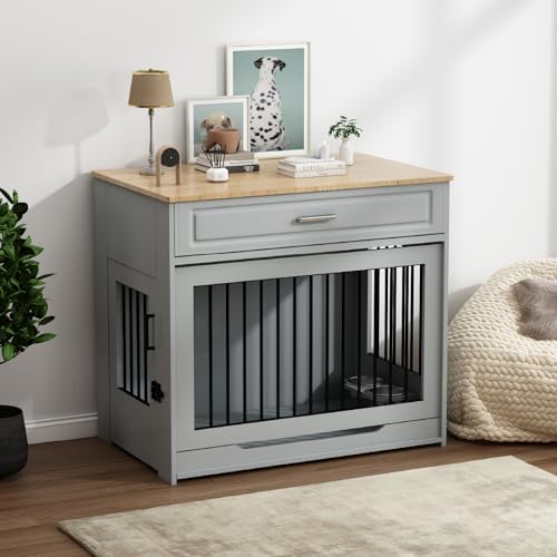 Hundekiste Möbel, Hölzerne Hundekäfig mit Klappe nach Oben Tür und Schublade, Möbel Stil Indoor-Hundezwinger End Tabelle mit 360 ° Drehbare Hundenapf Grau Hundekiste Möbel, Hölzerne Hundekäfig mit Klappe nach Oben Tür und Schublade, Möbel Stil Indoor-Hundezwinger End Tabelle mit 360 ° Drehbare Hundenapf Grau von DAWNYIELD