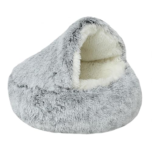 Plüsch-Katzenbett für Hauskatzen, Katzenschlafsack mit Kapuze, Hundehöhlenbett, großes, gemütliches, wärmendes, waschbares, rutschfestes Haustiernest,Gray-120cm von DAYKETNE