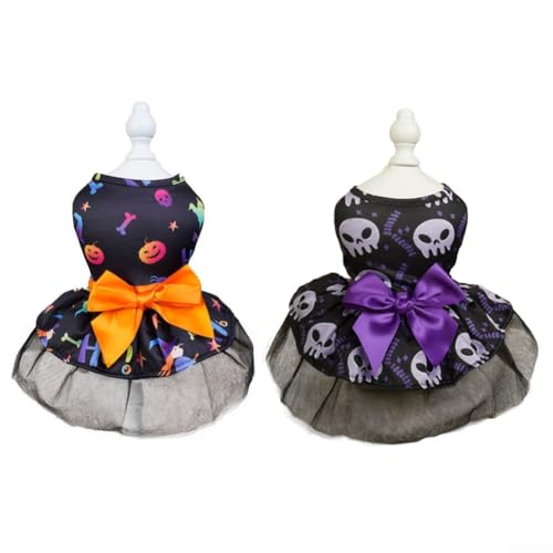 Entzückendes Halloween-Outfit für kleine Hunde, bequemes Baumwoll-Tüllkleid mit lustigen Motiven (C) von DAZZLEEX