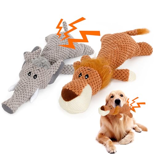 DBAILY Unzerstörbares Hundespielzeug 2 Stück - Löwe Elefant Tauziehen Kuscheltiere für Große, Kleine Und Mittlere Welpen - Plüsch Intelligenzspielzeug von DBAILY