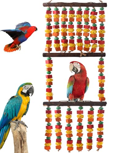 DBNESS Extra großes Vogelpapageienspielzeug, mehrfarbige Holzblöcke, Kauspielzeug mit Rattan-Kugeln und Sitzstangen für Aras, Graupapageien, Kakatoos, Amazonaspapageien und kleine mittelgroße Sittiche von DBNESS