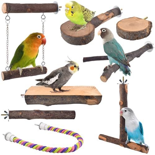 DBNESS Vogelsitzstangen, 8 Stück, Naturholz, Papageienständer, Kauspielzeug, Käfigzubehör, hängende Sitzstange mit mehreren Zweigen, Plattform, Schaukel, Spielzeug, Seil-Sitzstangen für kleine und von DBNESS