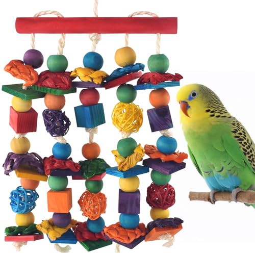DBNESS Vogelspielzeug, Sittich-Kauspielzeug, mehrfarbig, natürliche Holzblöcke, Vögel, Papageien, reißendes Spielzeug mit Rattan-Weidenkugeln, für mittelgroße und kleine Aras, Kakadus, Wellensittiche, von DBNESS