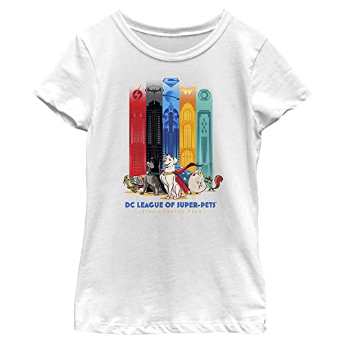 DC League of Super-Pets Mädchen Super Pets Illustriertes T-Shirt, Weiß, Größe S, Weiss/opulenter Garten, Small von DC Comics