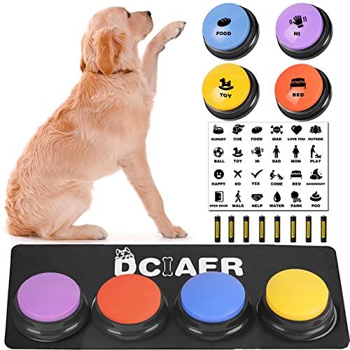 DCIAER Hundetasten für Kommunikation, sprechende Tasten für Hunde, 4 beschreibbare Sound-Tasten + 24 Szenenmuster + 1 Hunde-Knopfmatte + 8 AAA-Batterien von DCIAER